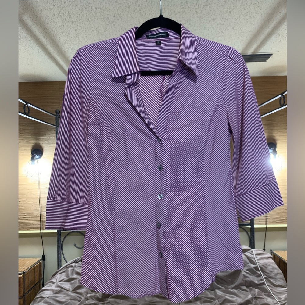 Express Women’s Striped 3/4 Sleeve Slim Fit Button Down Cotton Shirt.